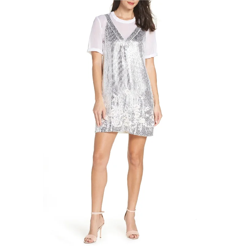 French Connection Womens Sparkle Sequin Shift Dress, White, 8 Sequin Gown Party