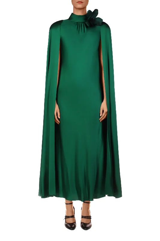 Ruched unclassified dressesGreen Silk Satin Cape Dress with Flower Ruched unclassified dresses