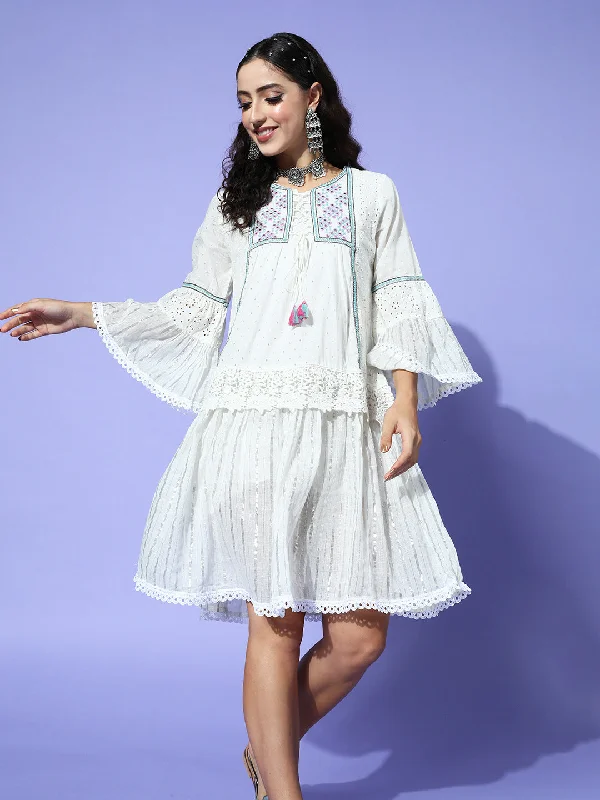 Neutral tone unclassified dressesIshin Women's Cotton White Schiffli Embroidered A-Line Dress Neutral tone unclassified dresses