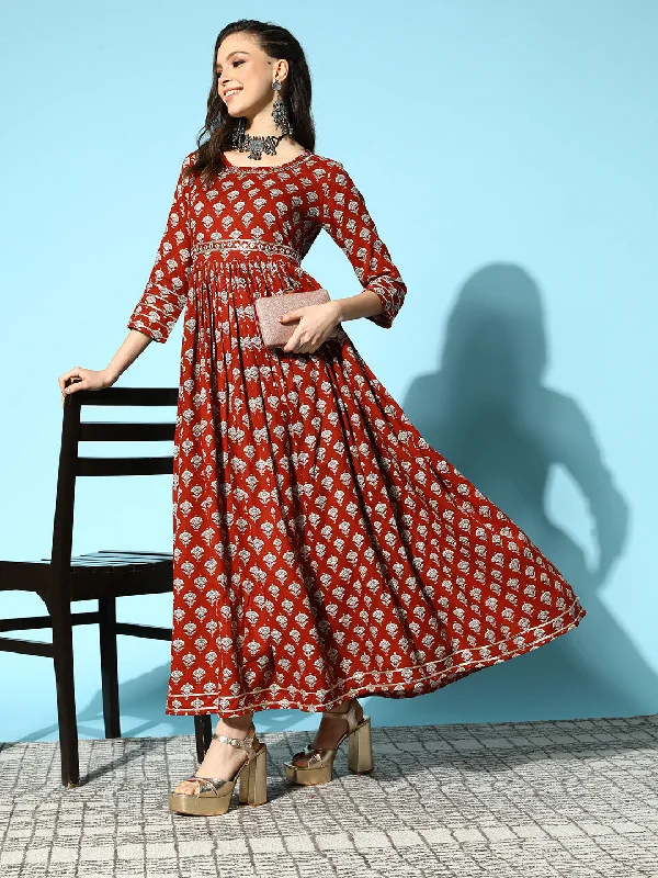 Anniversary unclassified dressesSunehri Women's Cotton Maroon Embellished Anarkali Belted Dress Anniversary unclassified dresses