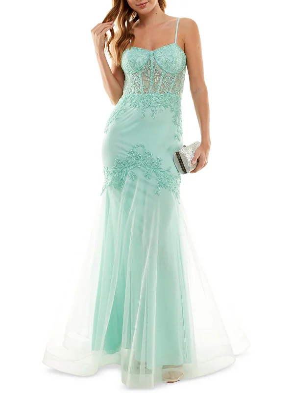 Juniors Womens Tulle Long Evening Dress Ruffle Long Maxi